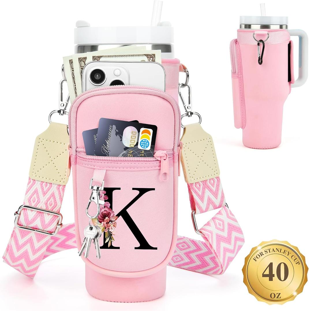 LOKASS Personalized Water Bottle Holder with Strap for Stanley Cup Accessories 40 oz Tumbler, Initial Water Bottle Carrier Bag/Phone Pocket, Mother's Day/Birthday Gifts for Women/Girls
