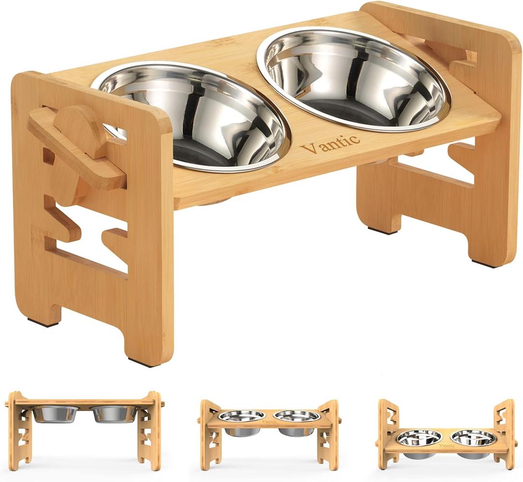 Vantic Elevated Dog Bowls, Adjustable Raised Dog Bowl Stand for Small Puppy and Cats, Sturdy Bamboo Pet Food Feeder with 2 Stainless Steel Dishes, Natural, for Small Dogs and Cats, Bamboo