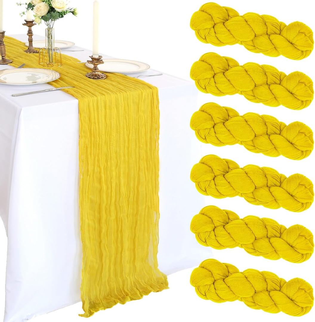 6 Pack 10FT Lemon Yellow Cheesecloth Table Runner 120 Inch Long Gauze Rustic Boho Spring Cheese Cloth Table Runner Sheer Fabric Decorations for Holiday Party Wedding Banquet Bridal Baby Shower Dcor