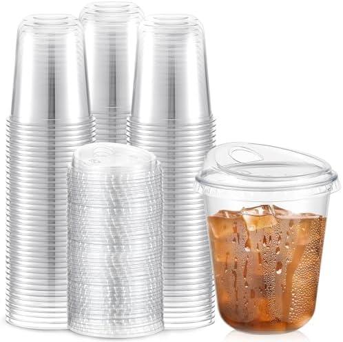 Baderke 50 Pcs Plastic Cups with Sip Lids Round Bottom Disposable Plastic Coffee Cups with Lids Clear Strawless Crystal Mugs for Iced Coffee Smoothie Cold Beverage Party Catering Supplies (14 oz)