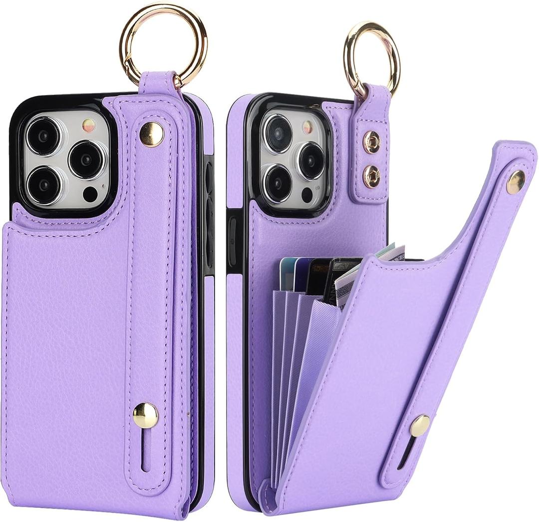Folosu for iPhone 15 Pro Max Wallet Case with Card Holder, Hand Wrist Strap Loop Holder Kickstand, RFID Blocking Finger Grip Ring PU Leather Double Buttons Shockproof Cover 6.7" Purple
