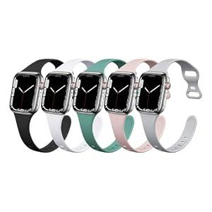 Tighesen Slim Thin Narrow Skinny 5 Pack Apple Watch Bands, Compatible with Apple Watch 38mm 40mm 41mm 42mm 44mm 45mm 49mm, Premium Silicone Material