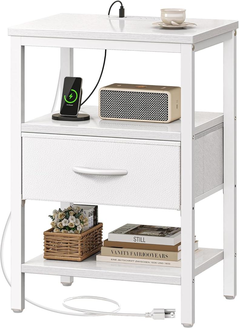 SUPERJARE Nightstand with Charging Station, Bed Side Table with Adjustable Fabric Drawer, Night Stand for Bedroom, 3-Tier Storage End Table, for Living Room, White (M (11.8"D x 15.7"W x 23.4"H))