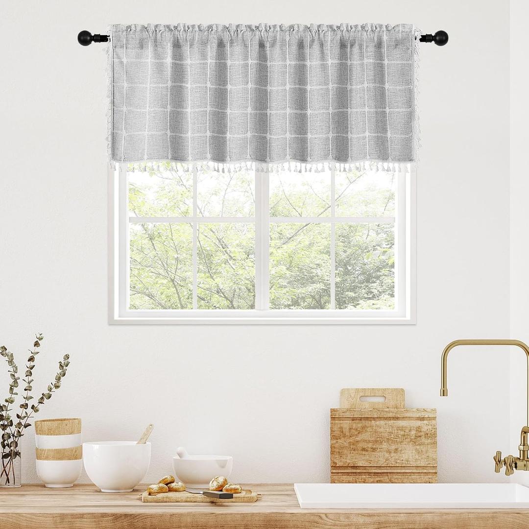 MitoVilla Grey Boho Kitchen Valances for Windows, Modern Farmhouse Valance Curtains for Living Room/Bedroom, French Country Cotton Linen Fabric Topper Window Curtain with Tassel, 52W x 18L