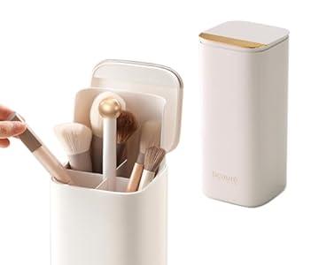 Makeup Brush Holder with Lid, Push Pop-Up Makeup Brush Organizer, 4 Slots Makeup Cosmetics Organizerfor Vanity Decor, Bathroom Countertop , Large Capcity, Dustproof, Waterproof | White and Gold