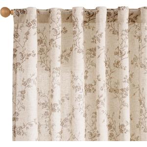 Linen Farmhouse Curtains Taupe Floral Curtains 63 Inch Long Back Tab Drapes for Living Room Bedroom Light Filtering Country Vintage Rod Pocket Curtain, 2 Panels, Taupe on Beige, 52x63