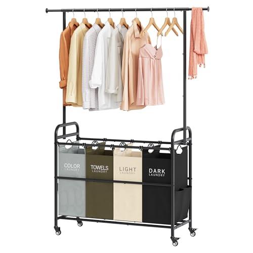 Tajsoon Laundry Sorter Cart with Hanging Clothes Rack, 4 Butler Sorter Basket Organizer, Laundry Hamper Cart with Heavy Duty Rolling Lockable Wheels, 4 Colors