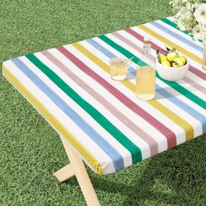 misaya Rectangle Vinyl Tablecloth, Fitted Table Cover, Waterproof Elastic Edge, Flannel Backing Plastic Tablecloth Fit 6 Foot Folding Tables for Camping, Picnic, Outdoor (Colorful Stripes, 30x72 inch)