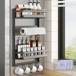Magnetic Spice Rack for Refrigeratorwith 8-Hook, Magnetic Paper Towel Holder, with Strong Adhesion, Rust-Proof & Space-Saving Design for Kitchen, Bathroom(2 Tier Refrigerator Shelf)