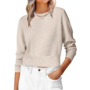 ANRABESS Women’s Long Sleeve Cropped Crew Neck Lightweight Fall Sweaters (Beige)