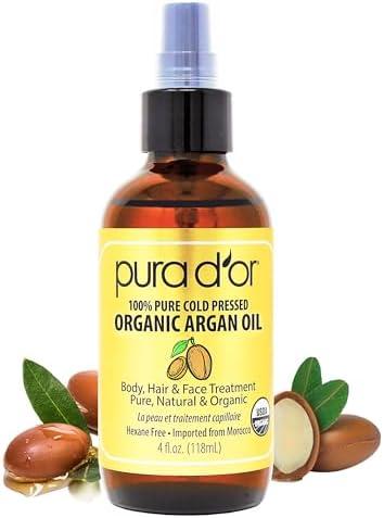 PURA D'OR 4 Oz ORGANIC Moroccan Argan Oil - USDA Certified 100% Pure & Cold Pressed Virgin Premium Grade Natural Moisturizer Treatment For Dry, Damaged Skin, Hair, Face, Body & Scalp - Men & Women
