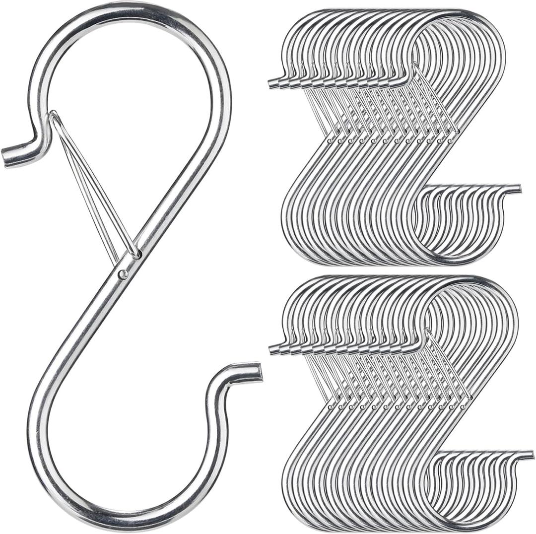 24 PCS S Hooks for Hanging with Safety Buckle, 3.5 inch Heavy Duty Metal S Shaped Hooks for Kitchen Utensil, Cups, Pots, Plants, Bags, Hats (Silver)