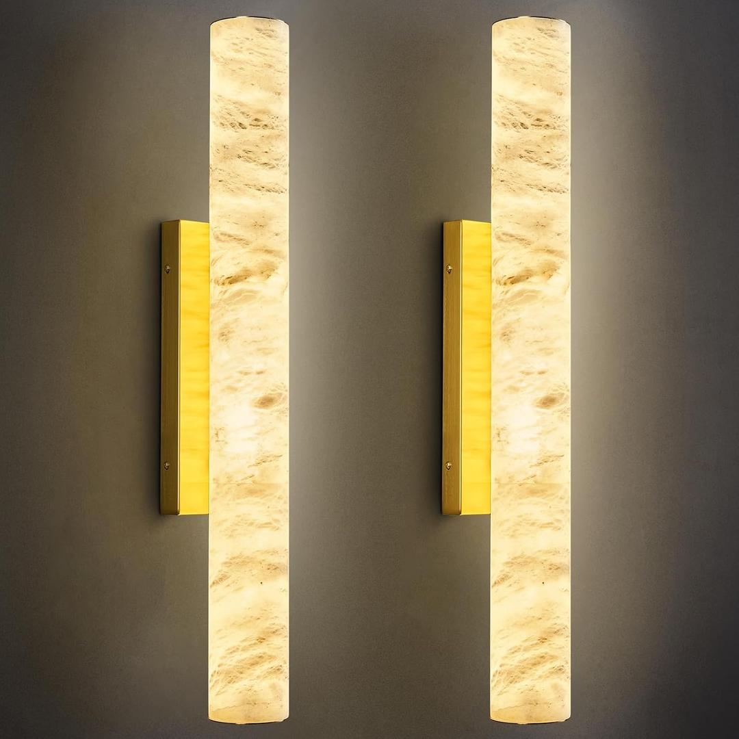 LMQNINE Natural Alabaster Wall Sconces Set of Two Spanish Marble Wall Light Cylinder Modern Gold LED Sconce for Living Room Bedroom Bathroo StairsM-2Pack
