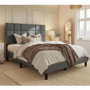 DWVO King Size Platform Bed Frame with Fabric Upholstered Headboard,Mattress Foundation with Wooden Slat Support, Noise Free/No Box Spring Needed/Easy Assembly, Gray