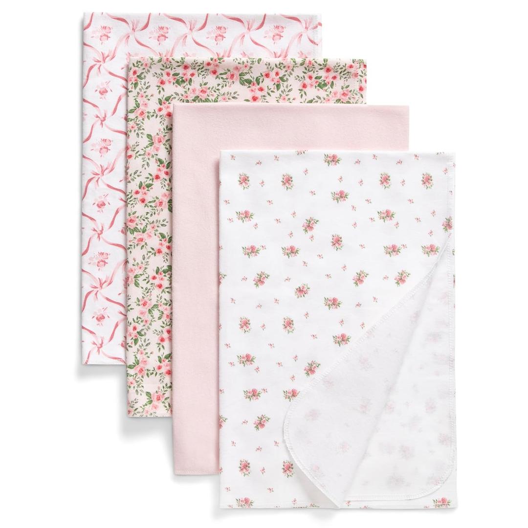 Delta Children 100% Cotton Flannel Baby Receiving Blankets for Girls and Boys  30x30 Inches (Pack of 4), Pink Floral