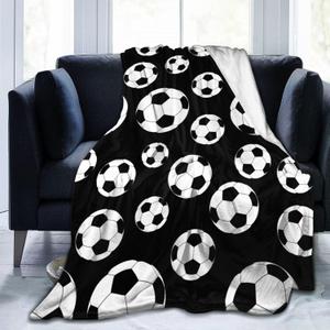 Fun Black and White Soccer Sports Ball Throw Blanket Soft Bed Bedding Warm Cozy Plush Flannel Fleece Blankets Gifts for Kids Boys Teens, Sofa Couch Bedroom Home Decor, 50"x40"