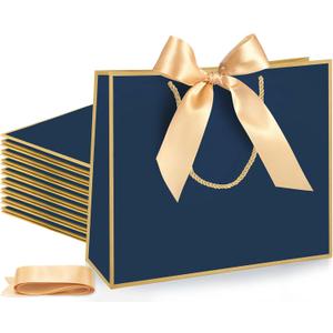Silkfly 12 Pcs Thank You Gift Bags with Handle 12x10x4'' Welcome Elegant Gifts Bag with Bow Ribbon for Mother's Day Wedding Graduation Bridesmaid Baby Shower Birthday Housewarming (Navy Blue)