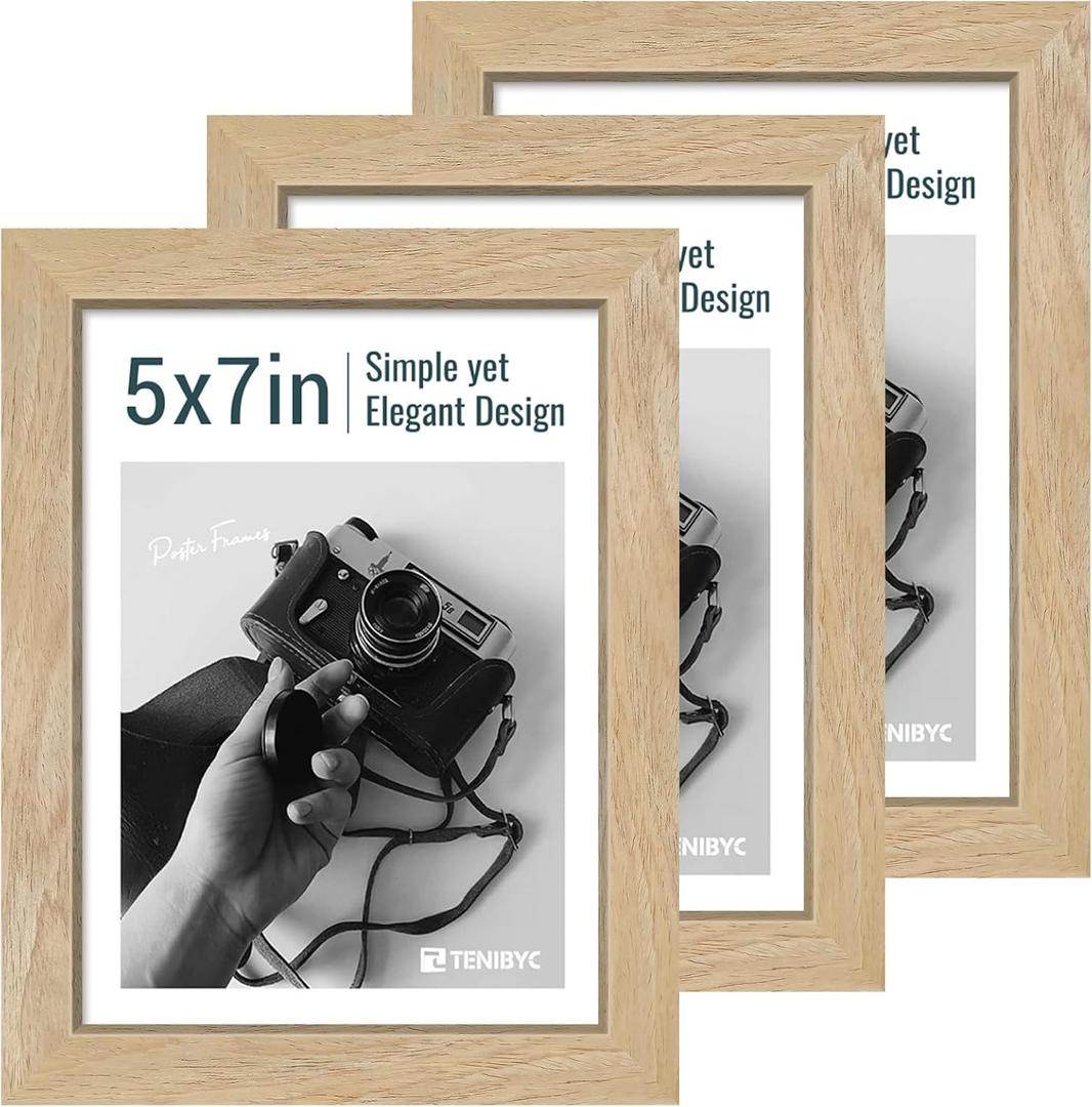 5x7 Picture Frame Set - 3 Pack, Textured Natural Solid Wood, HD Tempered Glass, Gallery Photo Frame, for Wall Mounting and Tabletop Display