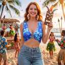 Zoooyawn Hibiscus Halter Crop Top Women Summer Deep V Neck Y2k (Blue, M)