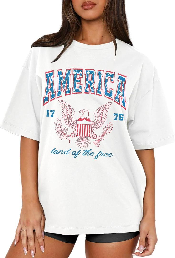 MAPICK Women 4th of July 1776 Graphic Oversized T-Shirts Shirt Short Sleeve Patriotic Casual Tee Tops (Medium), White
