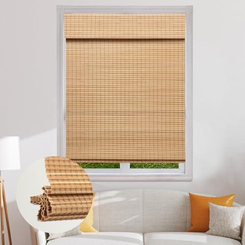 SEEYE Cordless Bamboo Roman Shades, Blackout Natural Bamboo Blinds for Indoor Windows, Roll Up Blind Privacy Shade for Home, Office, Door, UV Resistant & Easy to Install, 45" W x 64" H, Carbonized