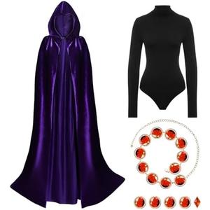 ATENTO Women's Halloween Cosplay Costume Purple Hooded Cloak Cape Long Sleeve Bodysuits with Adjustable Red Gem Waist Belt, L