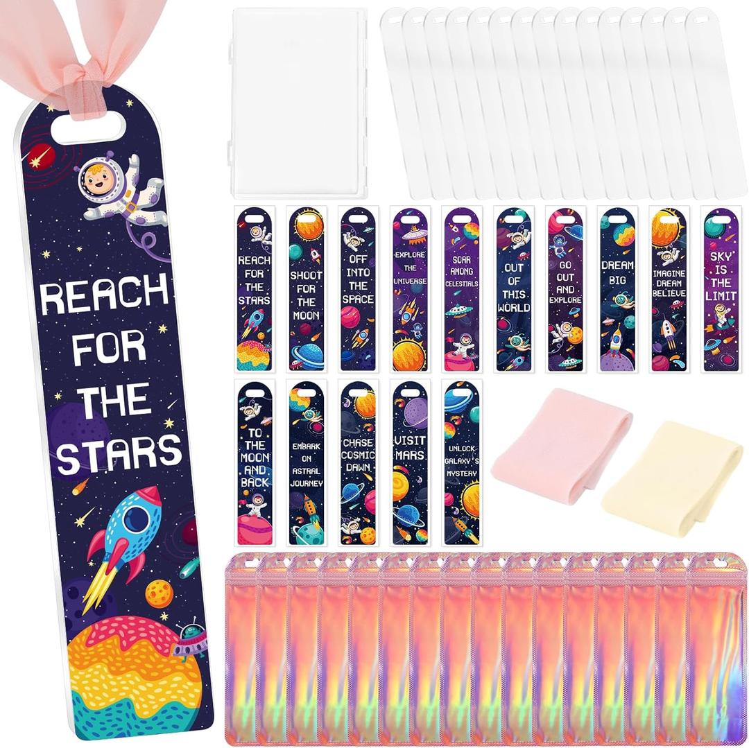 Acrylic Bookmark Making Kits - 60 Pcs Clear Acrylic Bookmark Blanks Set with Space Rocket Planet Inspirational Theme UV DTF Transfer Stickers, 15 Pcs Ribbons, DIY Crafts Book Lover Gifts