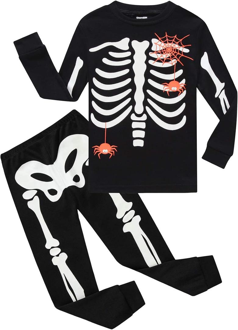 Demifill Boys And Girls Halloween Pajamas Sets Christmas Pjs Holiday Sleepwear Children Clothes (4T, Black/Glow Skeleton-11)