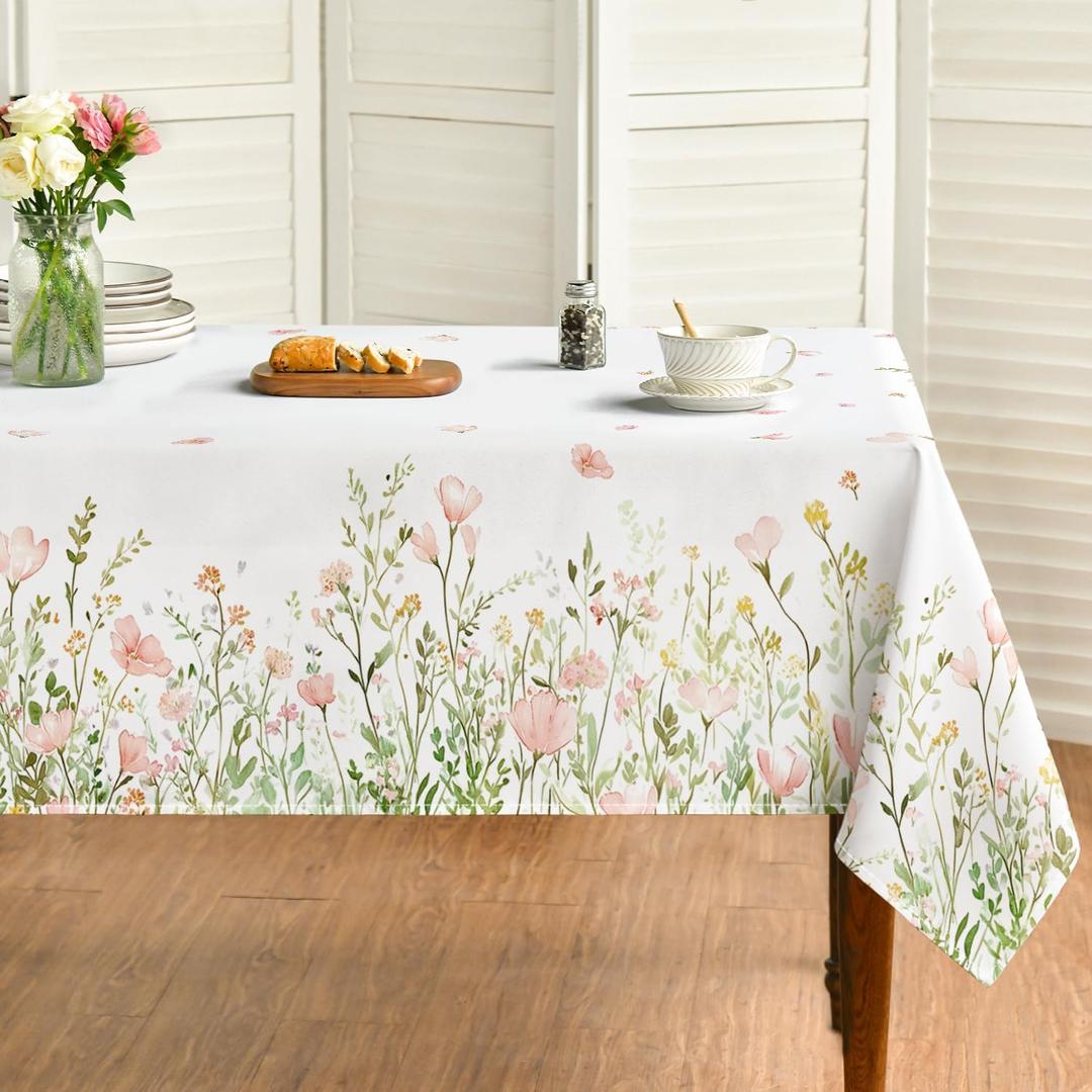 Horaldaily Spring Tablecloth 5270 Inch Rectangular, Pink Flowers Washable Seasonal Table Cover for Party Picnic Dinner Decor (White)