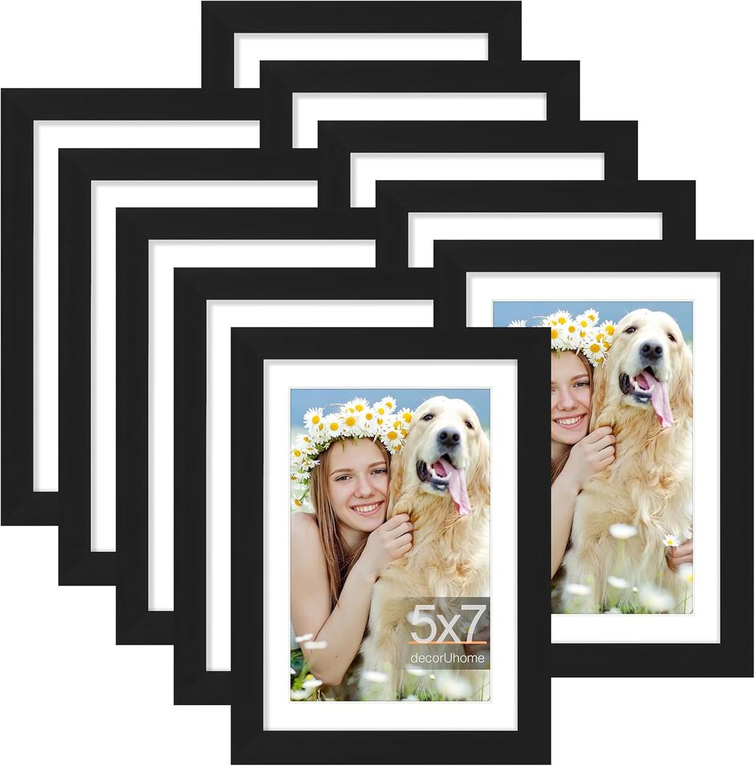 decorUhome 5x7 Picture Frame Set of 10, Display Photos 4x6 with Mat or 5x7 Unmatted for Picture Frames Collage Wall Decor, Black