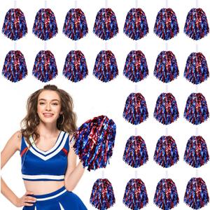 24 Pcs Pom Poms Cheerleading Cheerleader Spirited Cheer Baton Handle Metallic Foil for Sports Team Party Dance Cheering (Red, Blue)
