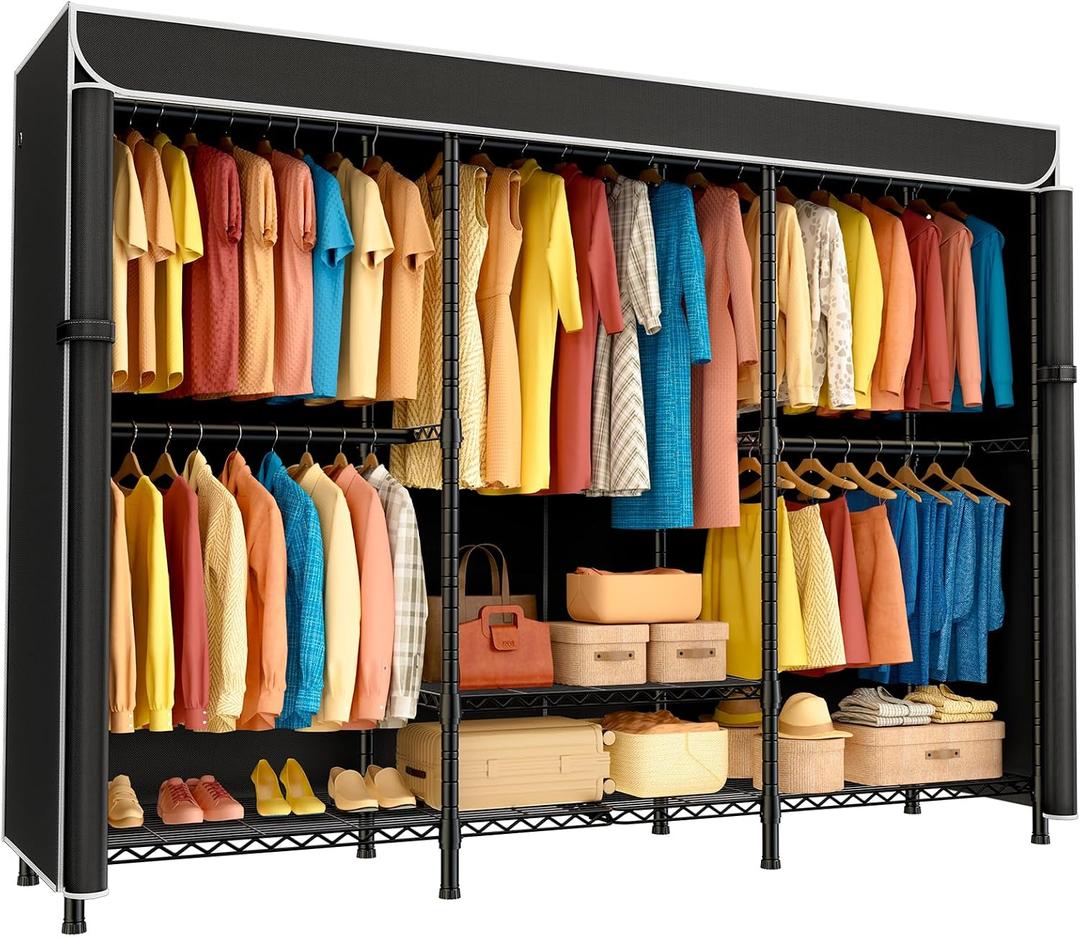 SEMHOR K01C Heavy Duty Clothes Rack with Cover, Freestanding Portable Closet System with Shelves, Adjustable Carbon Steel Garment Rack, Black Clothing Racks for Hanging Clothes, 860LBS Max Load
