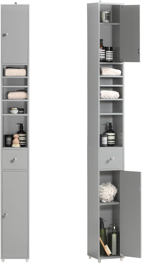 Haotian Bathroom Narrow Storage Cabinet Skinny Tall Unit with Adjustable Shelves Slender Anti-Tipping Floor Standing Cupboard, Gray BZR34-HG, W7.9 x D7.9 x H70.9