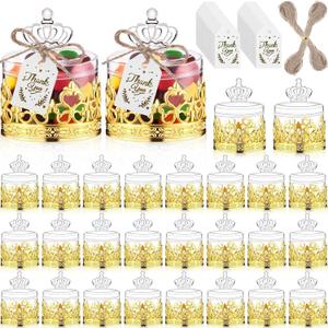 30 Sets Mini Crown Candy Boxes with Thank You Tags and Twine Plastic Candy Storage Boxes for Wedding Baby Shower Princess Birthday Party Supplies(Gold and Clear,Crown Style)