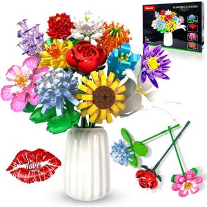 Flower Bouquet Building Set,1009PCS Creative DIY Plant Bouquet Decoration,12 Artificial Flowers Botanical for Adults Women Girls Ages 6+,Idea Gifts for Mother's Day, Birthdays, No Vase