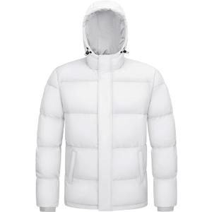 MAGCOMSEN Mens Hooded Down Jacket Water Resistant Puffer Jacket Full Zip Up Windproof Winter Jacket with Zip Pockets, Color White, L