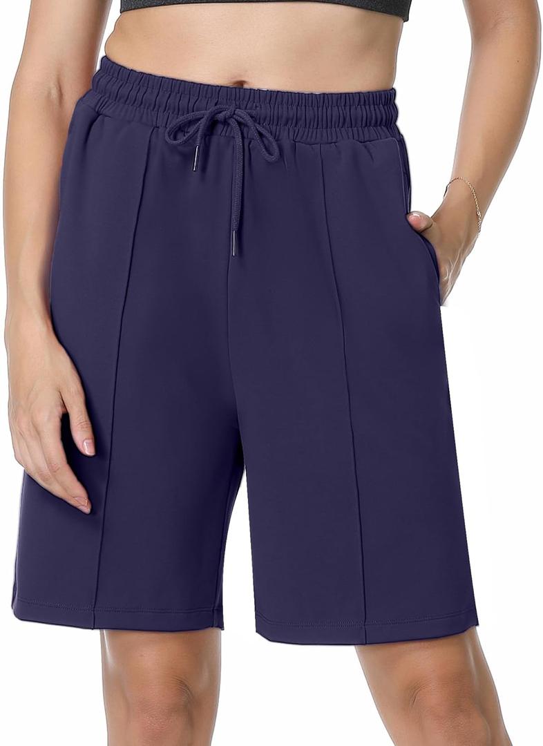 YOYOYOGA Women's Bermuda Shorts with Pockets High Waisted Knee Length Shorts 7" Long Shorts Athletic Walking Casual Workout (Blue, M)