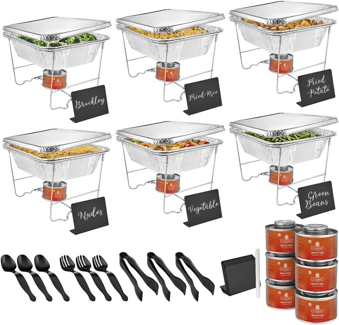 Disposable Chafing Dish Buffet Set, 46 Pcs Disposable Food Warmers For Parties Buffet, Catering Supplies Buffet Display Set Incl. Wire Racks, Chalkboards, Fuel Cans, Pans, Serving Utensils, Covers.