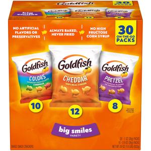 Goldfish Crackers Big Smiles Variety Pack with Cheddar, Colors, and Pretzels, Snack Packs, 30 Ct (EXP 02/21/27)