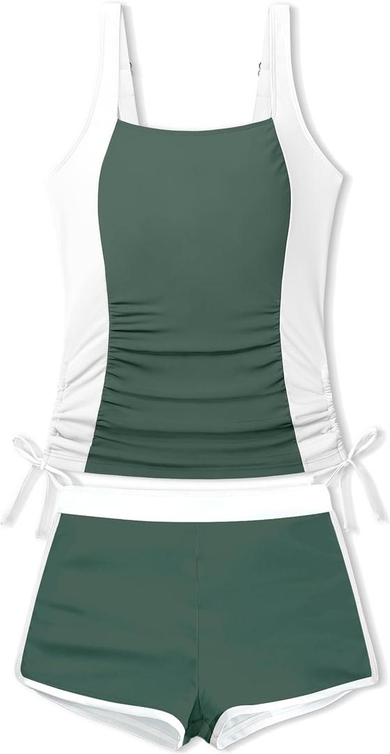 NAPU Girls Swimsuit Two Piece Tankini Swimsuits with Boyshort Ruched Bathing Suit Color Block Teen Girls' Swimwear Size 9-16Y (15-16 Years, Green + White)