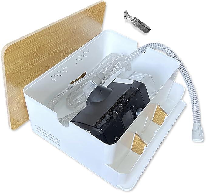 CPAP Machine Protector Box & Bedside Organizer, DualSide Hose Ports, Cable Management, Hose Cover, Mask & Accessories Protection  White