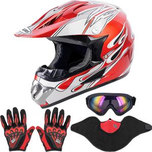 Adult Motocross Dirt Bike Helmet with Goggle, Gloves & Mask - DOT/FMVSS-218 Off-Road Motorcycle & ATV Helmet with Adjustable Sun Visor (Large, New Red Flame)