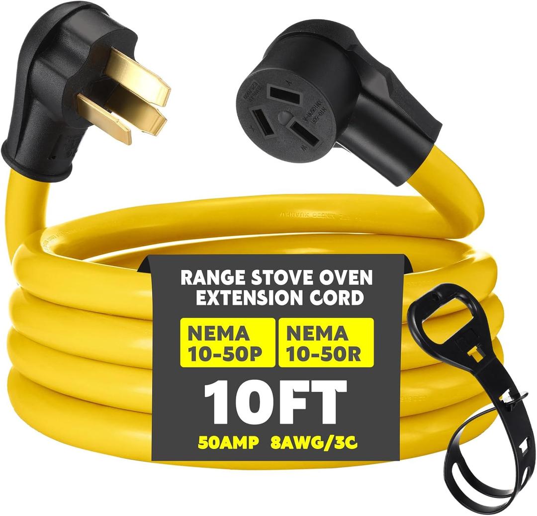 10ft 10-50 50Amp Extension Cord Compatible with NEMA 10-50 Male Plug to 10-50 Female Receptacle, 50 A 3 Prong Electric Range Oven Stove Extension Power Cord, STW 8 AWG/3C Gauge, 250V, 12500W
