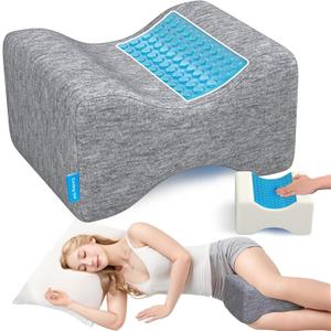 Knee Pillow for Side Sleepers with Cooling Gel, Memory Foam Elevation Pillow for Spine Aligning, Sciatica, Back, Hip, Knee, Ankle Pain, Grey/Regular