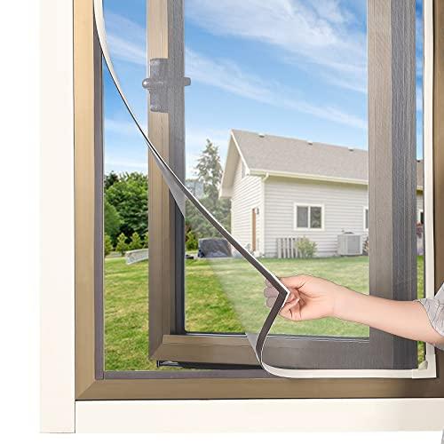 RODENET Magnetic Window Screen DIY Adjustable Window Mesh Screen Replacement Window Net Fits up to 59"x 61" White Frames with Fiberglass Mesh