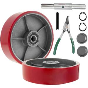 Pallet Jack/Truck Steering Wheels Set with Axle, Fasteners and Protective Caps (2 pcs) 7" x 2" with Bearings ID 20mm Poly Tread With Tools Red