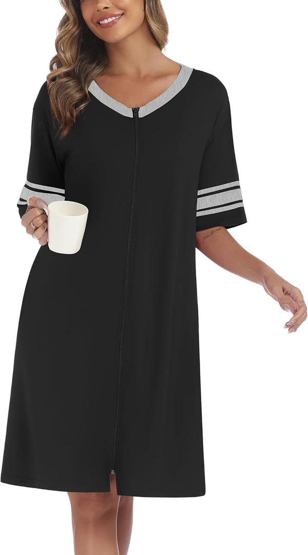 Ekouaer Women Zipper Robe Short Striped Sleeves Lightweight Robes Color Block Bathrobe Soft Sleepwear with Pockets (Black) S
