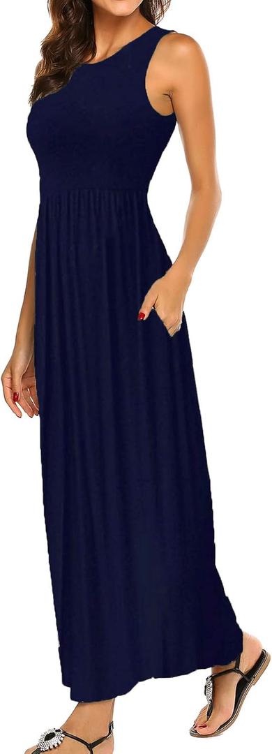Hount Women's Summer Sleeveless Striped Flowy Casual Long Maxi Dress with Pockets (Medium)