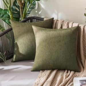 MIULEE Pack of 2 Decorative Outdoor Solid Waterproof Throw Pillow Covers Faux Linen Garden Farmhouse Cushion Cases for Patio Tent Balcony Couch Sofa 18x18 Inch Light Olive Green
