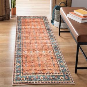 Bloom Rugs Washable Non-Slip 7 ft Runner - Orange/Teal Blue Traditional Bordered Runner for Entryway, Hallway, Bathroom, and Kitchen - Exact Size: 2.5' x 7'